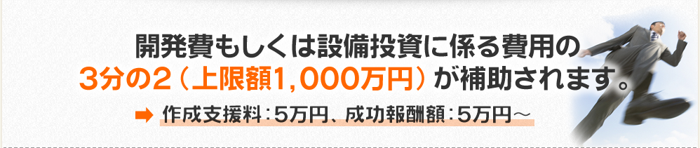 開発費もしくは設備投資に係る費用の３分の２（上限額1,500万円）が補助されます。